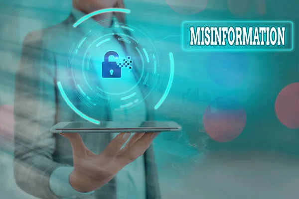 Text sign showing Misinformation. Conceptual photo false data, in particular, intended intentionally to deceive Graphics padlock for web data information security application system. — Stock Photo, Image