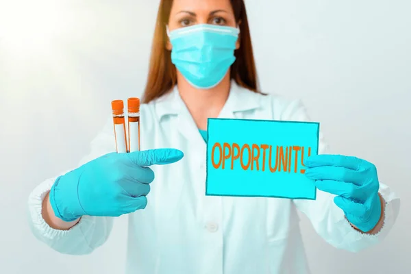 Word writing text Opportunity. Business concept for an opportunity allowing you to do something you want to do Laboratory technician featuring empty sticker paper accessories smartphone. — Stock Photo, Image