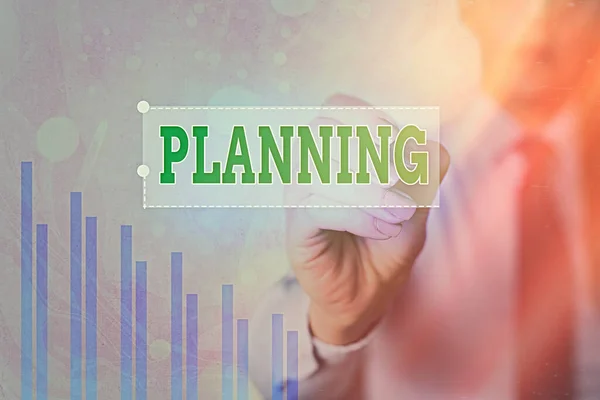 Text sign showing Planning. Conceptual photo achieving desired results is the first and foremost assignment Arrow symbol going upward denoting points showing significant achievement. — Stock Photo, Image