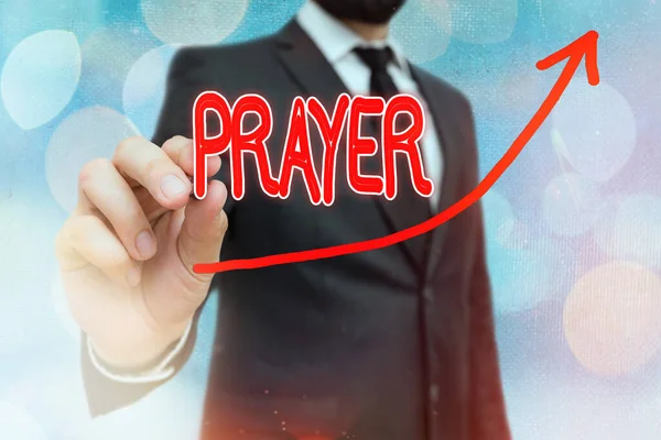 Handwriting text writing Prayer. Concept meaning solemn request for help or expression of thanks addressed to God digital arrowhead curve rising upward denoting growth development concept. — Stock Photo, Image