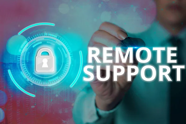 Text sign showing Remote Support. Conceptual photo type of secure service, which permits representatives to help Graphics padlock for web data information security application system.