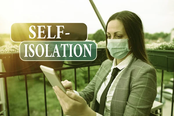 Conceptual hand writing showing Self Isolation. Business photo text promoting infection control by avoiding contact with the public Promoting health awareness with precautionary medical equipment.