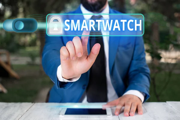 Writing note showing Smartwatch. Business photo showcasing a touchscreen mobile interface designed to be worn on a wrist Graphics padlock for web data information security application system. — Stock Photo, Image