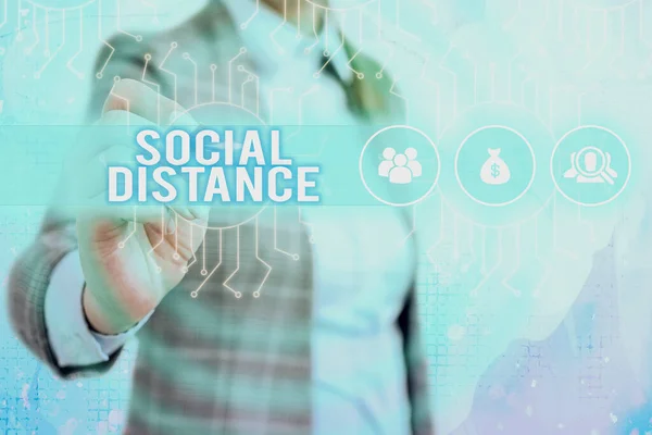 Текст слова Social Distance. Концепция ведения бизнеса по поддержанию высокого интервала физического расстояния для контроля системного администратора системы безопасности общественного здравоохранения, Концепция настройки передач Инструменты. — стоковое фото