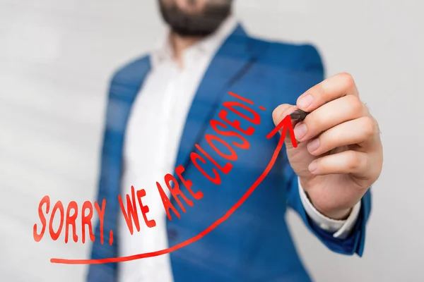 Word writing text Sorry, We Are Closed. Business concept for apologize for shutting off business for specific time digital arrowhead curve rising upward denoting growth development concept. — Stock Photo, Image