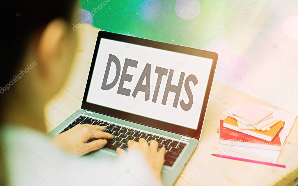 Conceptual hand writing showing Deaths. Business photo showcasing permanent cessation of all vital signs, instance of dying individual Modern gadgets white screen under colorful bokeh background.