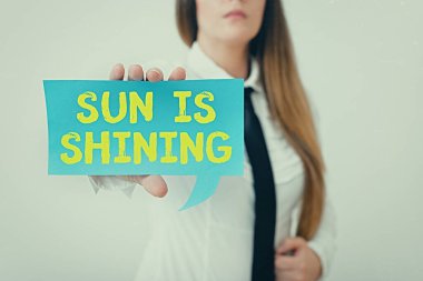 Sun is Shining 'i gösteren bir not yazıyorum. Bunu gösteren iş fotoğraflarında sıcaklık, mutluluk ve zevk yayılıyor. Farklı renkler gösteriliyor. İçeriği vurgulamak için notlar oluşturuluyor..