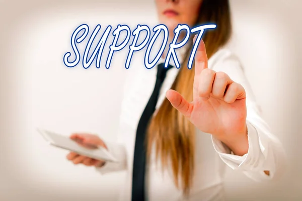 Word writing text Support. Business concept for maintain, sustain, uphold all mean to hold up and to preserve Model with pointing hand finger symbolizing navigation progress growth. — Stock Photo, Image