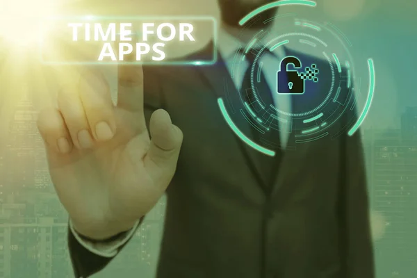 Scrittura concettuale a mano che mostra Time For Apps. Il testo delle foto aziendali si avvale di applicazioni o servizi che utilizzano le tecnologie Lucchetto grafico per il sistema di applicazioni di sicurezza dei dati web. — Foto Stock