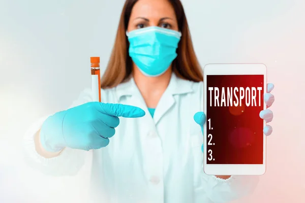 stock image Text sign showing Transport. Conceptual photo carry passengers by truck or ferry from one place to another Laboratory technician featuring empty sticker paper accessories smartphone.