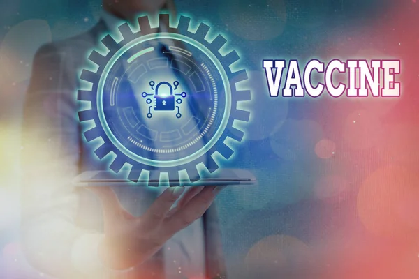 Tekstbord met Vaccin erop. Conceptuele foto voorbereiding van gedode micro-organismen of levende verzwakte organismen Grafisch hangslot voor web data informatie beveiliging applicatie systeem. — Stockfoto