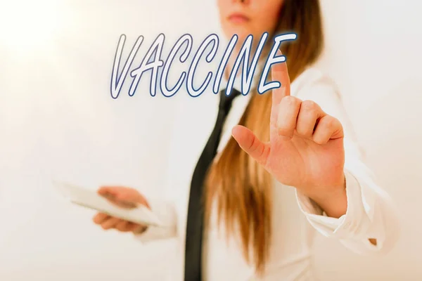 Tekst schrijven Vaccin. Bedrijfsconcept voor de bereiding van gedode micro-organismen of levende verzwakte organismen Model met wijzende handvinger symboliseert navigatie vooruitgang groei. — Stockfoto