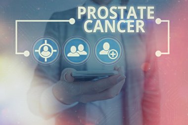 Prostat kanserini gösteren bir mesaj. Erkek üreme sisteminde kanserin kavramsal fotoğraf geliştirilmesi dijital teknoloji ağı bağlantı bilgi ögeleri simgesi.