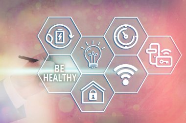 El yazısı. Sağlıklı ol. Kavram, tam bir duygusal ve fiziksel refah durumunu teşvik eder ve en son dijital teknoloji konseptinin farklı kurulumunu sağlar..