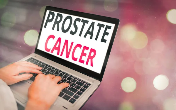 Conceptual hand writing showing Prostate Cancer. Business photo showcasing development of cancer in the male reproductive system Modern gadgets white screen under colorful bokeh background. — Stock Photo, Image