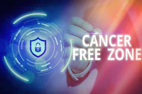 Word writing text Cancer Free Zone. Business concept for supporting cancer patients and raising awareness of cancer Graphics padlock for web data information security application system.