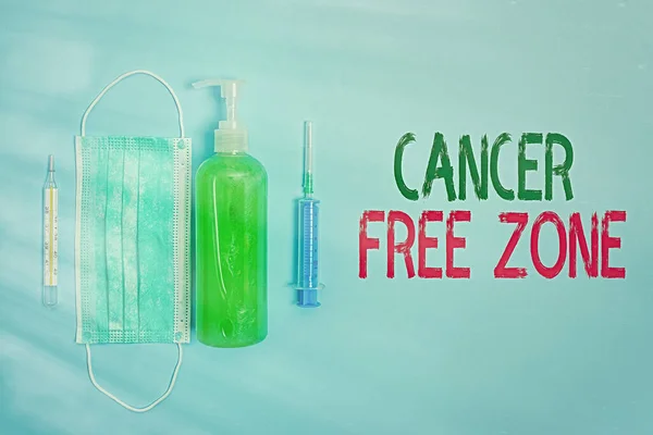 Text sign showing Cancer Free Zone. Conceptual photo supporting cancer patients and raising awareness of cancer Primary medical precautionary equipments for health care protection.