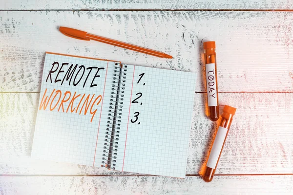 Conceptual hand writing showing Remote Working. Business photo showcasing style that allows professionals to work outside of an office Blood sample vial medical accessories ready for examination.