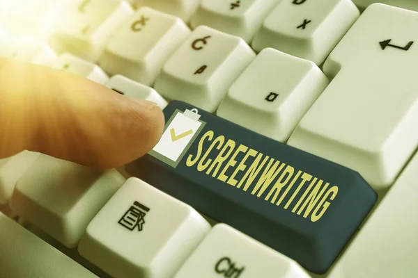 Word writing text Screenwriting. Business concept for the art and craft of writing scripts for media communication White pc keyboard with empty note paper above white key copy space. — Stock Photo, Image