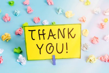 Kelime yazma metni. Teşekkürler. Bir hediye, hizmet veya iltifat kabul etmek için kibar ifade için iş kavramı Renkli buruşmuş kağıtlar boş hatırlatıcı mavi zemin çamaşır mandalı.