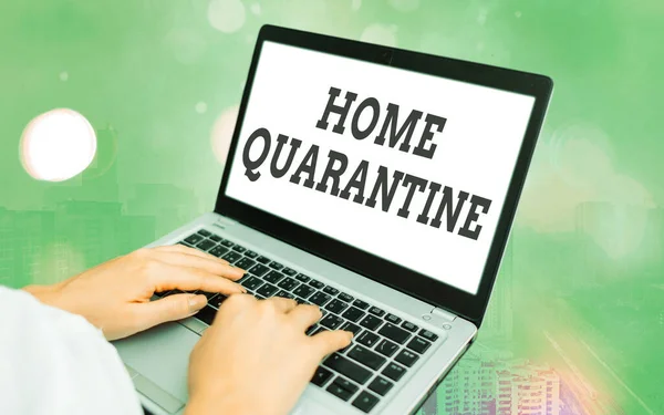 Word writing text Home Quarantine. Business concept for Encountered a possible exposure from the public for observation Modern gadgets with white display screen under colorful bokeh background. — Stock Photo, Image