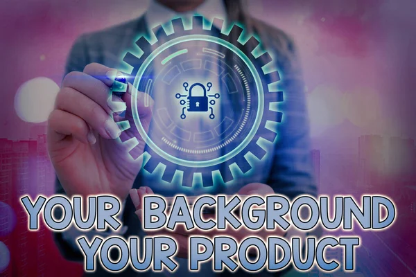 Writing note showing Your Background Your Product. Business photo showcasing knowledge experiences discover business chances Graphics padlock for web data information security application system.