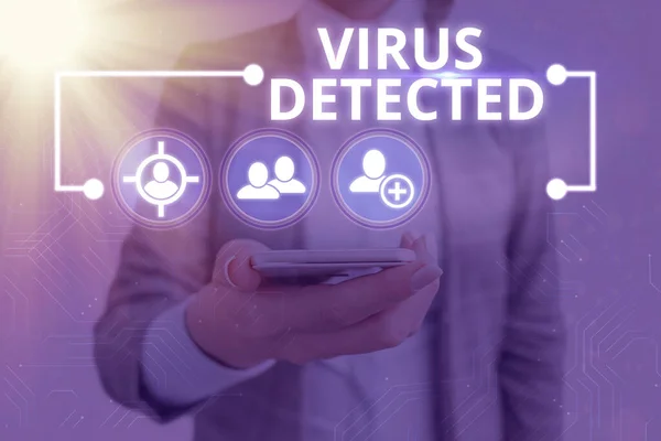 Signo de texto que muestra Virus Detectado. Conceptual photo un programa de computadora utilizado para prevenir y eliminar malware . — Foto de Stock