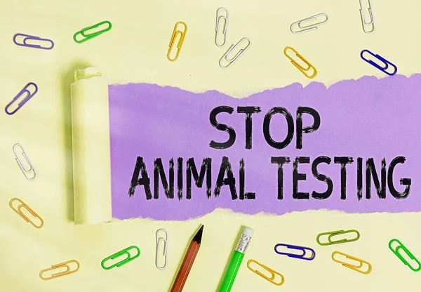 Εγγραφή σημειώματος που δείχνει Stop Animal Testing Επαγγελματική φωτογραφία showcasing θέσει τέλος στον πειραματισμό των ζώων ή την έρευνα Rolled άρπαξαν σκισμένο χαρτόνι πάνω από ένα ξύλινο κλασικό τραπέζι. — Φωτογραφία Αρχείου