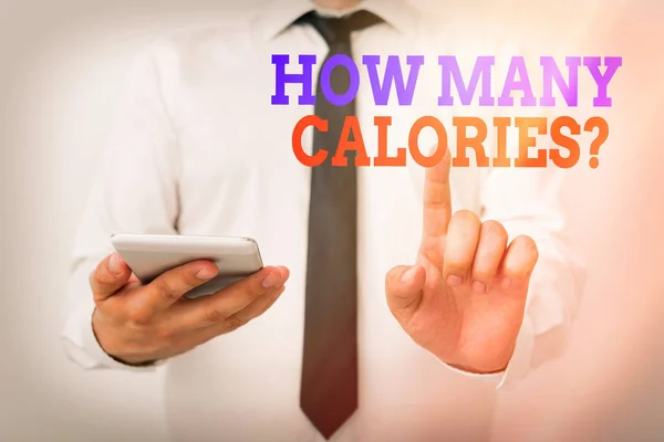 Conceptual hand writing showing How Many Calories Question. Business photo showcasing asking how much energy our body could get from it Model pointing finger symbolizing navigation progress growth. — Stock Photo, Image