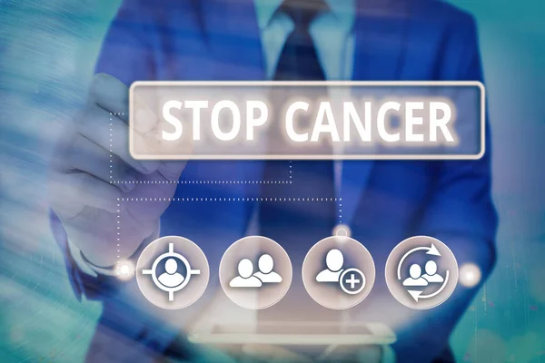 Writing note showing Stop Cancer. Business photo showcasing prevent the uncontrolled growth of abnormal cells in the body Information digital technology network infographic elements. — Stock Photo, Image
