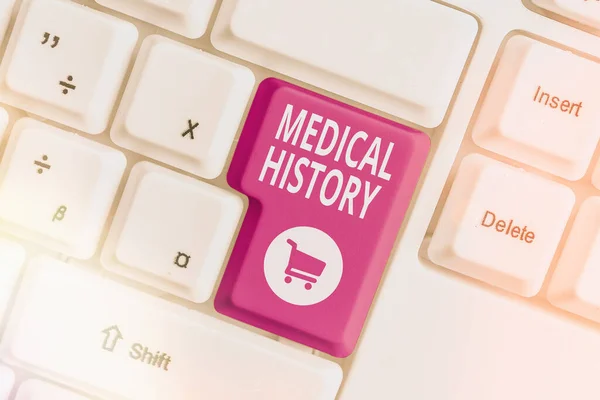 Text sign showing Medical History. Conceptual photo record of past medical problems and treatments of an individual Different colored keyboard key with accessories arranged on empty copy space.