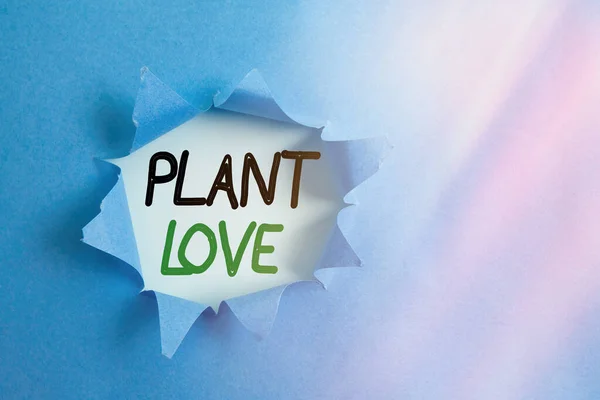 Levelet írok a Plant Love-ról. Üzleti fotó bemutató szimbóluma érzelmi szeretet, gondozás és támogatás megmutatta, hogy mások gördült szakadt karton felett egy fa klasszikus asztal. — Stock Fotó
