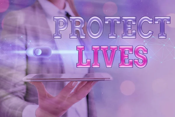 Text sign showing Protect Lives. Conceptual photo to cover or shield from exposure injury damage or destruction Graphics padlock for web data information security application system. — Stock Photo, Image