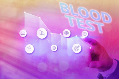 Kan Testi 'ni gösteren bir mesaj. Bir organizmadan alınan kavramsal fotoğraf laboratuvar analizi için alınan kan örneği yukarı doğru giden ok sembolü kayda değer bir başarı gösteriyor..