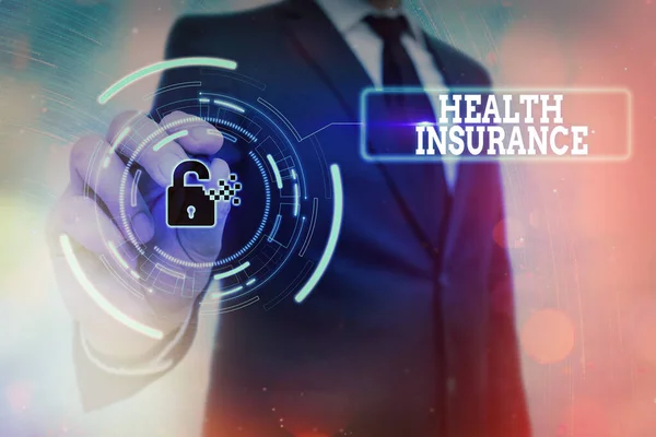 건강 보험을 보여 주는 글쓰기. 웹 데이터 보안 애플리케이션 시스템에 대 한 보험 그래픽 패들의 의료 비용을 재정적으로 제공하는 비즈니스 사진 쇼 시스템. — 스톡 사진