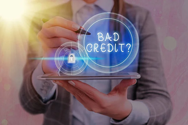 Text sign showing Bad Credit Question. Conceptual photo a bad credit score due to nonpayment of loans Graphics padlock for web data information security application system. — Stock Photo, Image