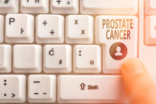Word writing text Prostate Cancer. Business concept for development of cancer in the male reproductive system Pc keyboard key with pointing finger above background copy space. — Stock Photo, Image