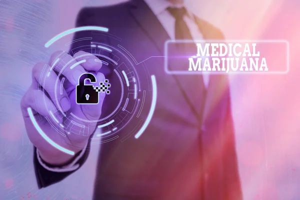 Writing note showing Medical Marijuana. Business photo showcasing available only by prescription and used to treat illness Graphics padlock for web data information security application system.
