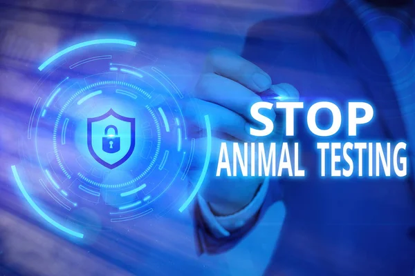 Текст для написания слов Stop Animal Testing. Business concept for put an end on animal experimentation or research Graphics padlock for web data information information security application system. — стоковое фото