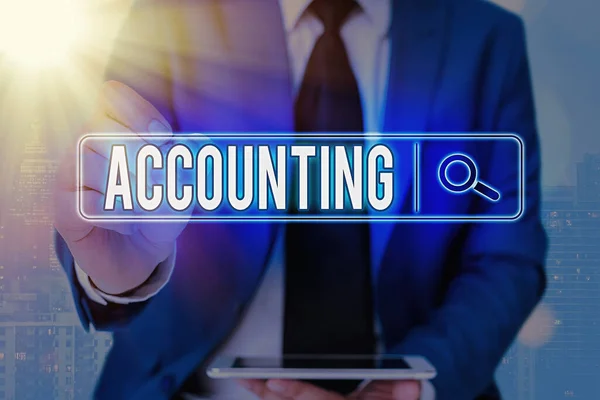 Writing note showing Accounting. Business photo showcasing the documentation of financial transactions relating to a company Web search digital information futuristic technology network connection. — Stock Photo, Image