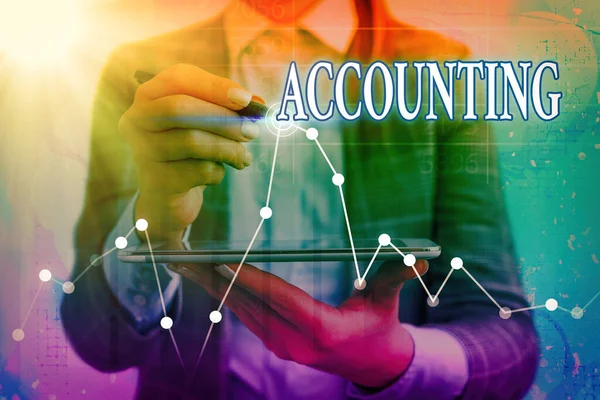 Writing note showing Accounting. Business photo showcasing the documentation of financial transactions relating to a company Arrow symbol going upward showing significant achievement. — Stock Photo, Image