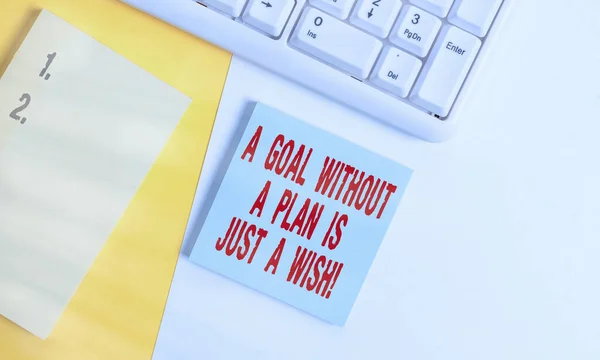 Handwriting text A Goal Without A Plan Is Just A Wish. Concept meaning Focused structured and organized Empty blank paper with copy space and pc keyboard above orange background table. — Stock Photo, Image
