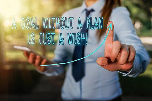 Conceptual hand writing showing A Goal Without A Plan Is Just A Wish. Business photo showcasing Focused structured and organized Digital arrowhead curve denoting growth development concept. — Stock Photo, Image