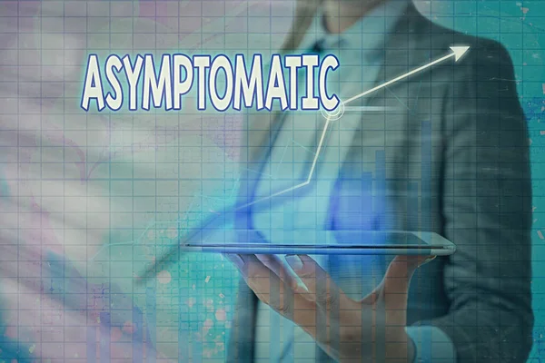 Handstil text Asymtomatisk. Begreppet betyder ett tillstånd eller en individ som producerar eller visar inga symtom Pilen symbol som går uppåt betecknar punkter som visar betydande prestation. — Stockfoto