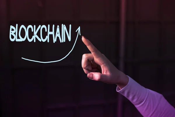 Conceptual hand writing showing Blockchain. Business photo text a program where a database of Bitcoin or cryptocurrency transactions Digital arrowhead curve denoting growth development concept. — Stock Photo, Image