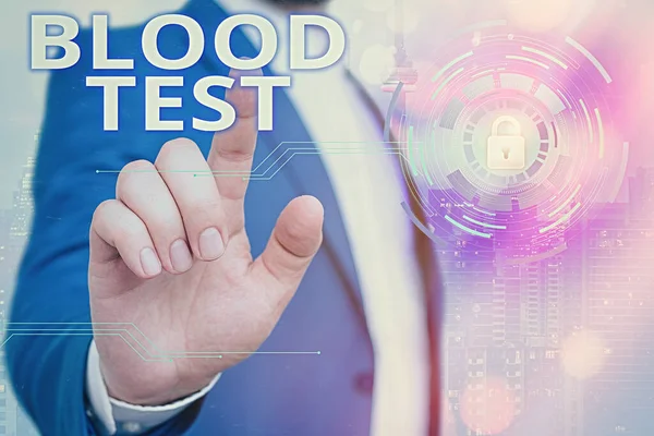 Escrever texto a escrever o teste de sangue. Conceito significado Extraído amostra de sangue de um organismo para perfom uma análise laboratorial Gráficos cadeado para dados web sistema de aplicação de segurança da informação . — Fotografia de Stock