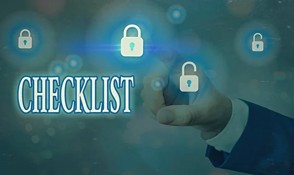 Handwriting text writing Checklist. Concept meaning a list of required items, things to do or points to remember Graphics padlock for web data information security application system.