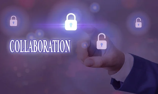 Handwriting text writing Collaboration. Concept meaning process of two or more showing working together to achieve a goal Graphics padlock for web data information security application system.