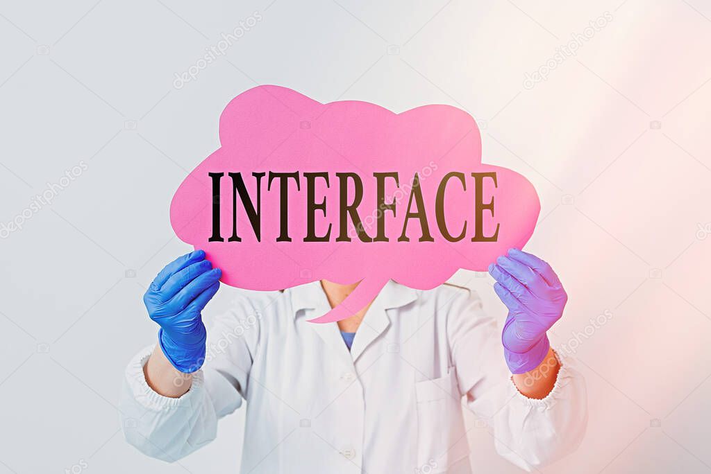 Text sign showing Interface. Conceptual photo point of meeting and communicating between two structures Laboratory technician featuring empty sticker paper accessories smartphone.