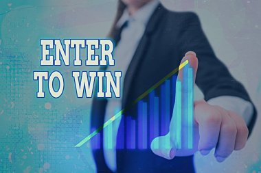 Enter To Win 'i gösteren metin işareti. Ödül için değer değiş tokuşu yapan kavramsal fotoğraf ödüllü Arrow sembolünün yükselmesi önemli başarıları gösteriyor.